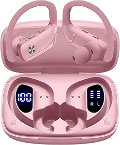 bmani Wireless Bluetooth Earbuds – 48H Playback, LED Display, Sport Fit with Mic (2025, Pink)