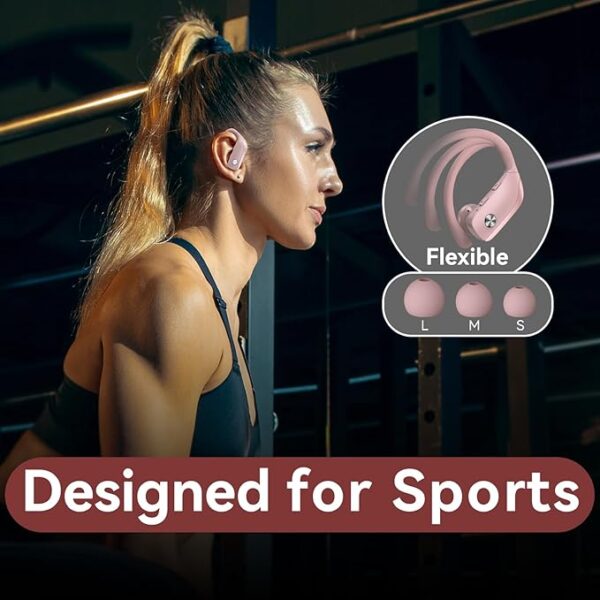 bmani Wireless Bluetooth Earbuds – 48H Playback, LED Display, Sport Fit with Mic (2025, Pink) - Image 3
