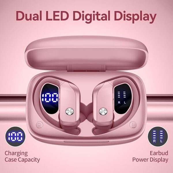 bmani Wireless Bluetooth Earbuds – 48H Playback, LED Display, Sport Fit with Mic (2025, Pink) - Image 2