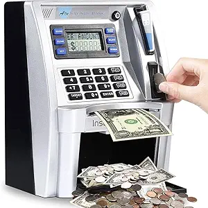ATM saving piggy bank for real money with card and screen