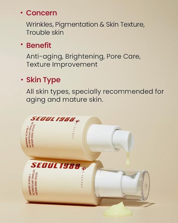 KSECRET Seoul 1988 Retinal Serum – 2% Liposome Retinal + 58% Best Black Ginseng, Peptides & Vitamin C | Anti-Aging Korean Skincare for Wrinkle Repair - Image 3