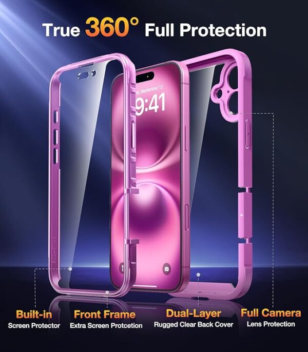 Diaclara iPhone 16 Rugged Case with Full Camera & Screen Protection – Touch Sensitive, Anti-Scratch, Shockproof (Pink) - Image 4